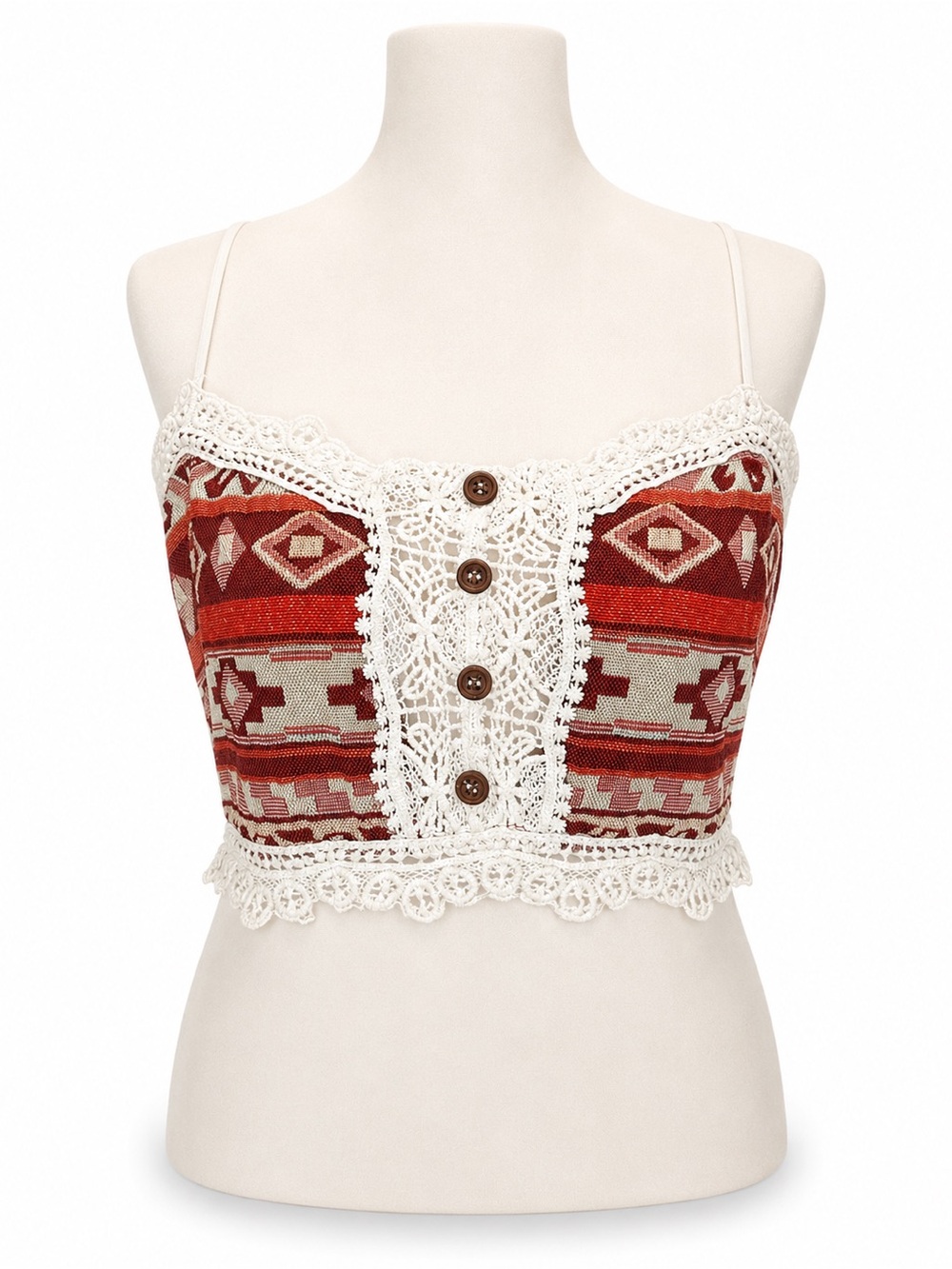 gimmicks by BKE Red Aztec Crochet-Trim Spaghetti Strap Crop Top